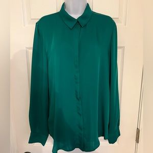 H&M Jade Green Forest Deep Green Button Down Long Sleeve - Size 10 - Satin Feel